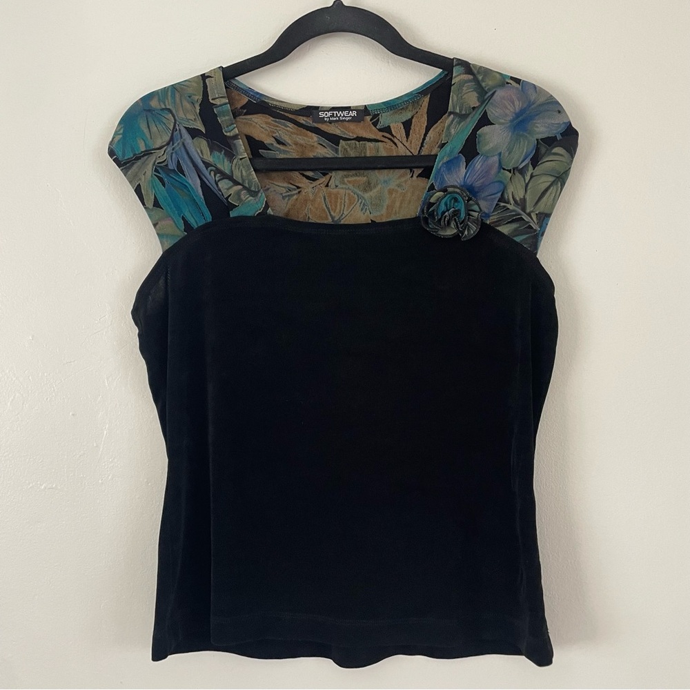 Dark Romance" Tropical Yoke Top | Vintage 90s / Y2K Black Velvet Feel Cap Sleeve